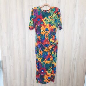 Vintage California Gold Rush Floral Midi Dress L‎ Multicolor Ribbed 70s Artsy